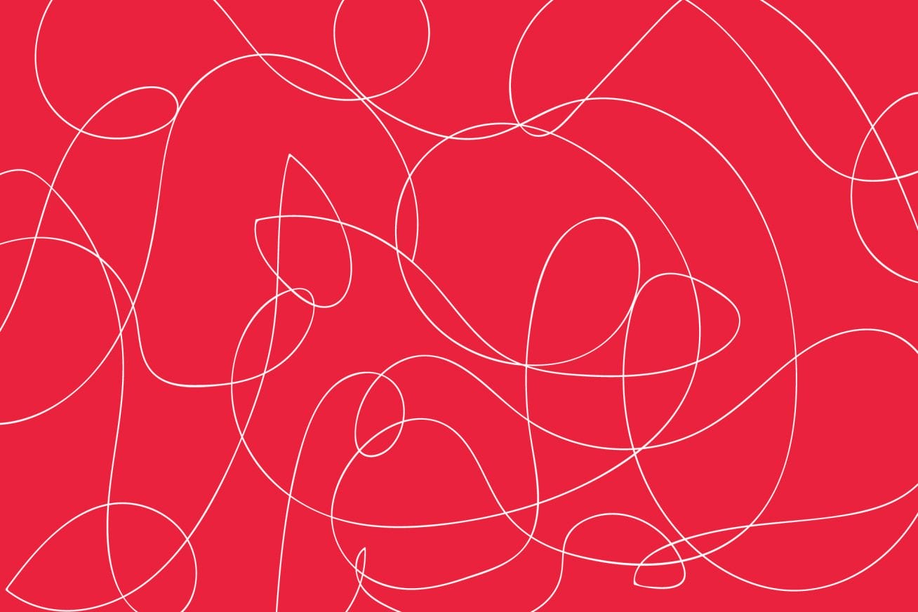 Red background, white squiggle