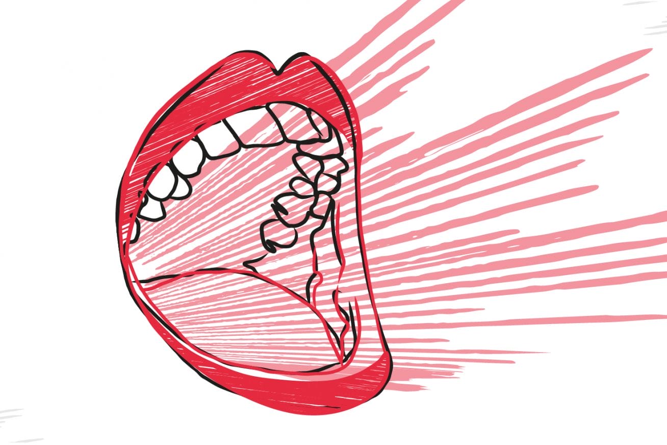 A hand-drawn red mouth is wide open, with peach coloured lines coming out of it, as if it's shouting. Be Bold. Be Heard.