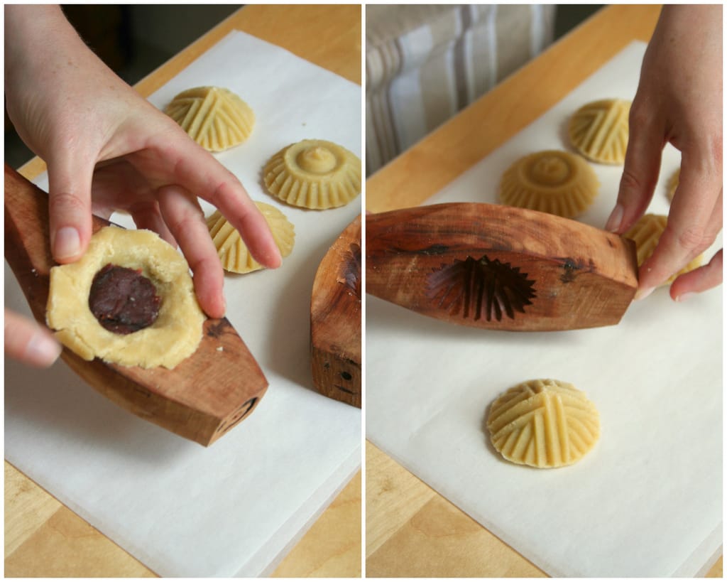 Two photos side by side of a person holding a baked good and making the baked good