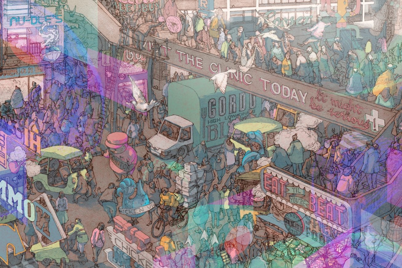 Visible Cities - a discussion on architecture - an cartoon of many people in a complex building design