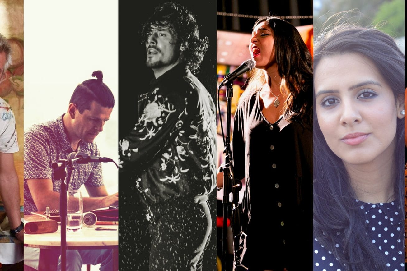 Portraits of 6 artists make up a composite image