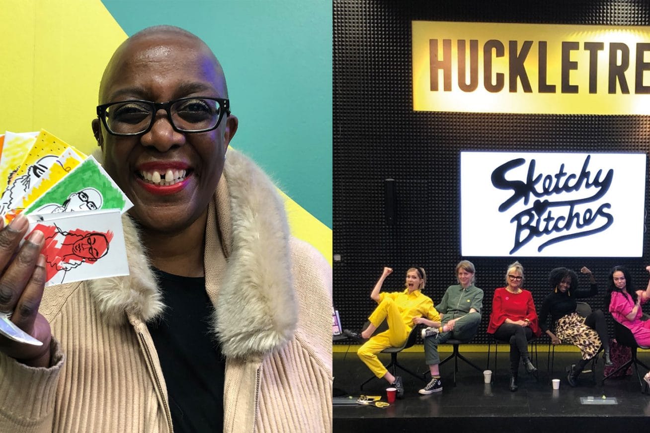 a happy woman holding up her sketches