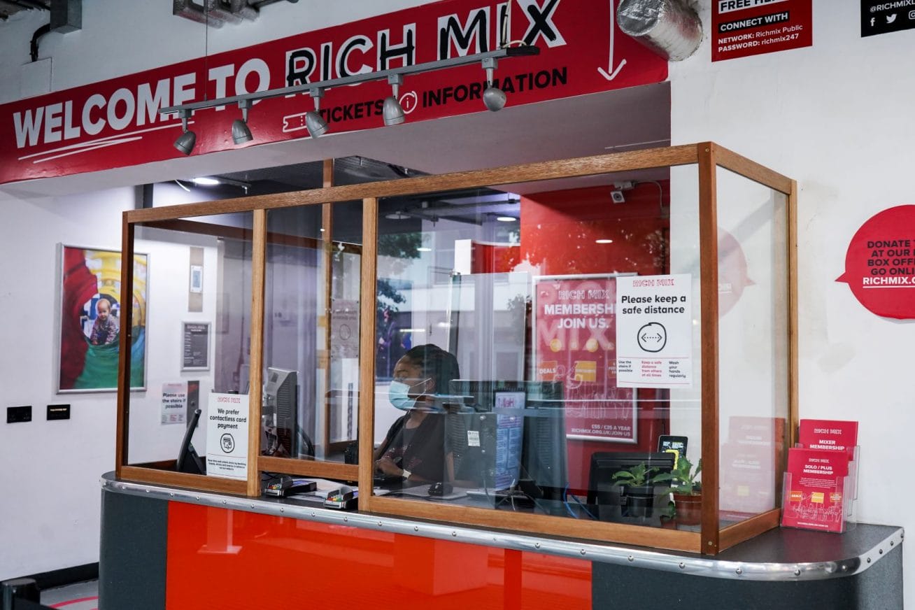 Rich Mix foyer with COVID safety signage